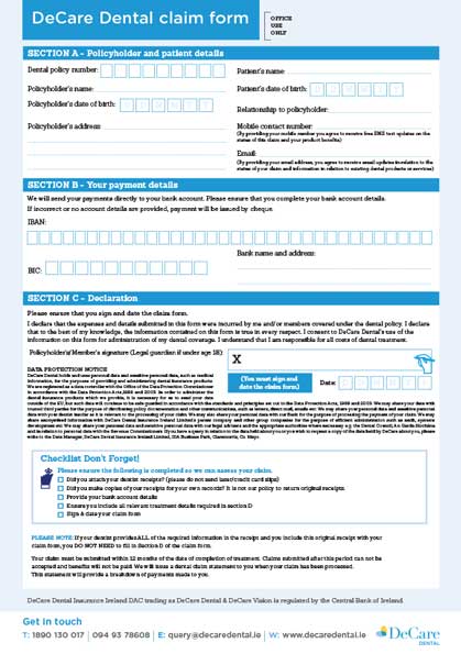 Snapshot of the DeCare Dental caim form
