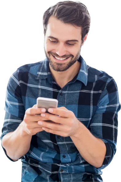 man smiling at phone