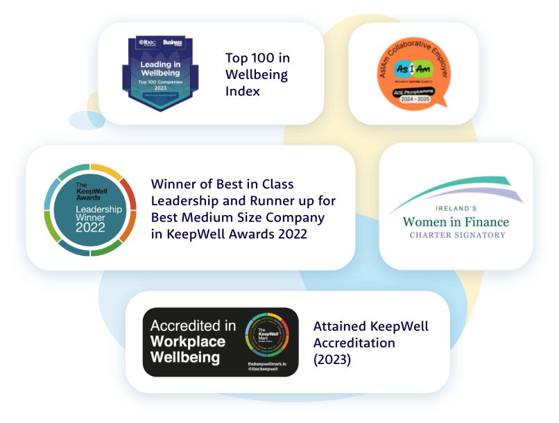 Award recognition badges: Top 100 in Wellbeing Index, As I Am certified, winner of Best in Class Leadership & runner up for Best Medium Size Company in the KeepWell Awards 2022, KeepWell Accredited since 2023, and signatory for Ireland's Women in Finance Charter.